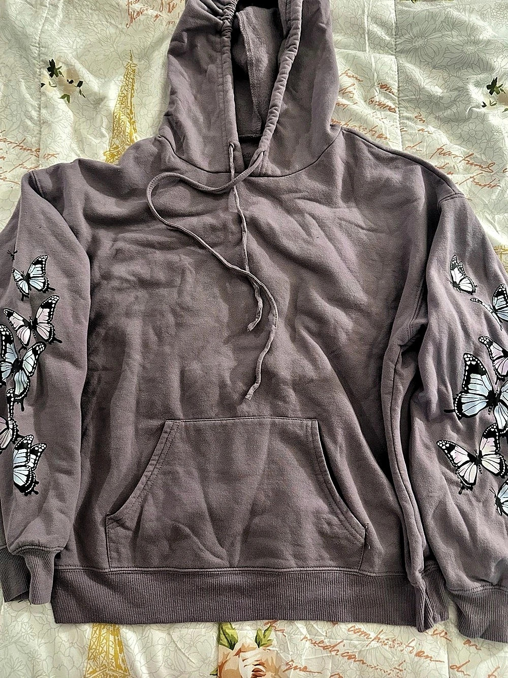 Rebellious One Butterfly Sleeve Pullover Hoodie Gray Large